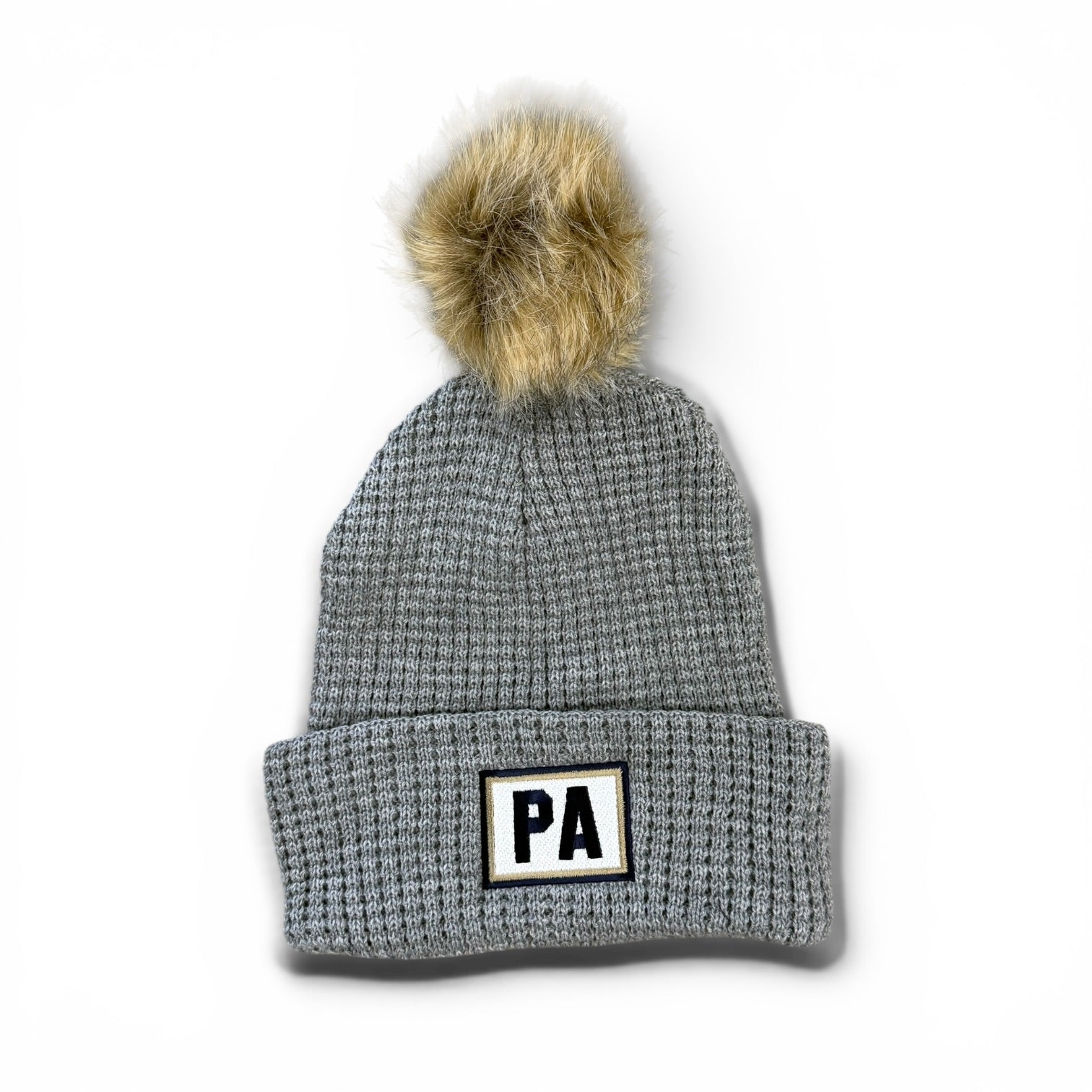 Belgian Knit Cuff Light Heather Beanie w/ Faux Fur Pom (Fleece Lined) - PA Patch