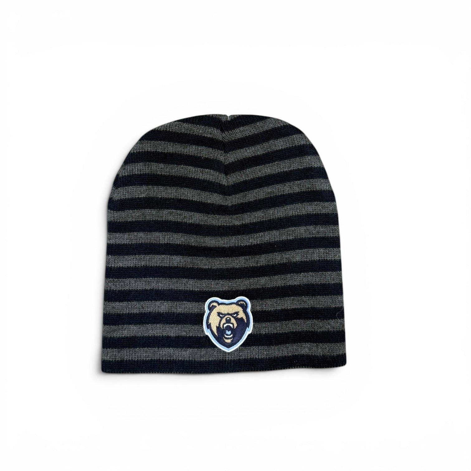 Blizzard Navy/Charcoal Striped Knit Beanie - Bear Head Patch