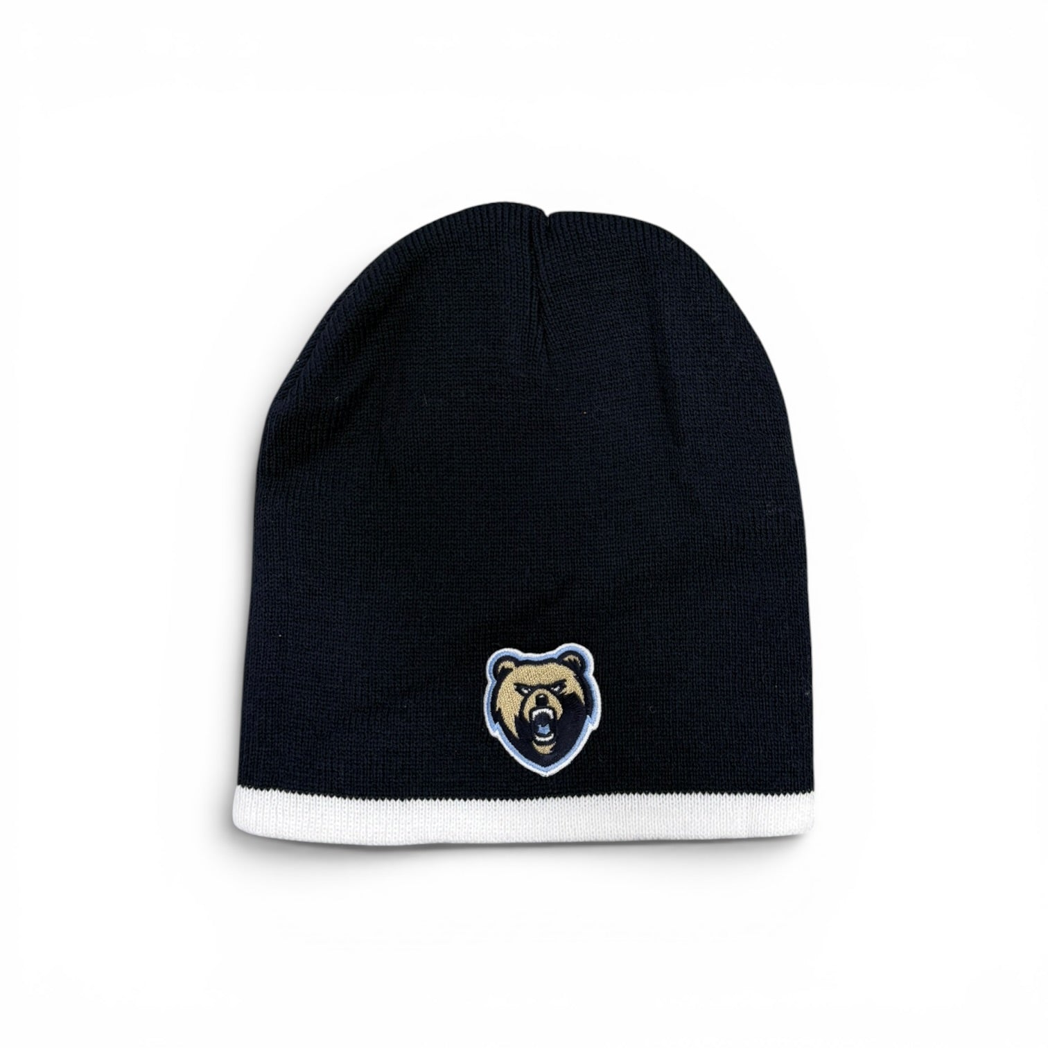 Bright Stripe Navy w/ White Stripe Knit Beanie - Bear Head Patch