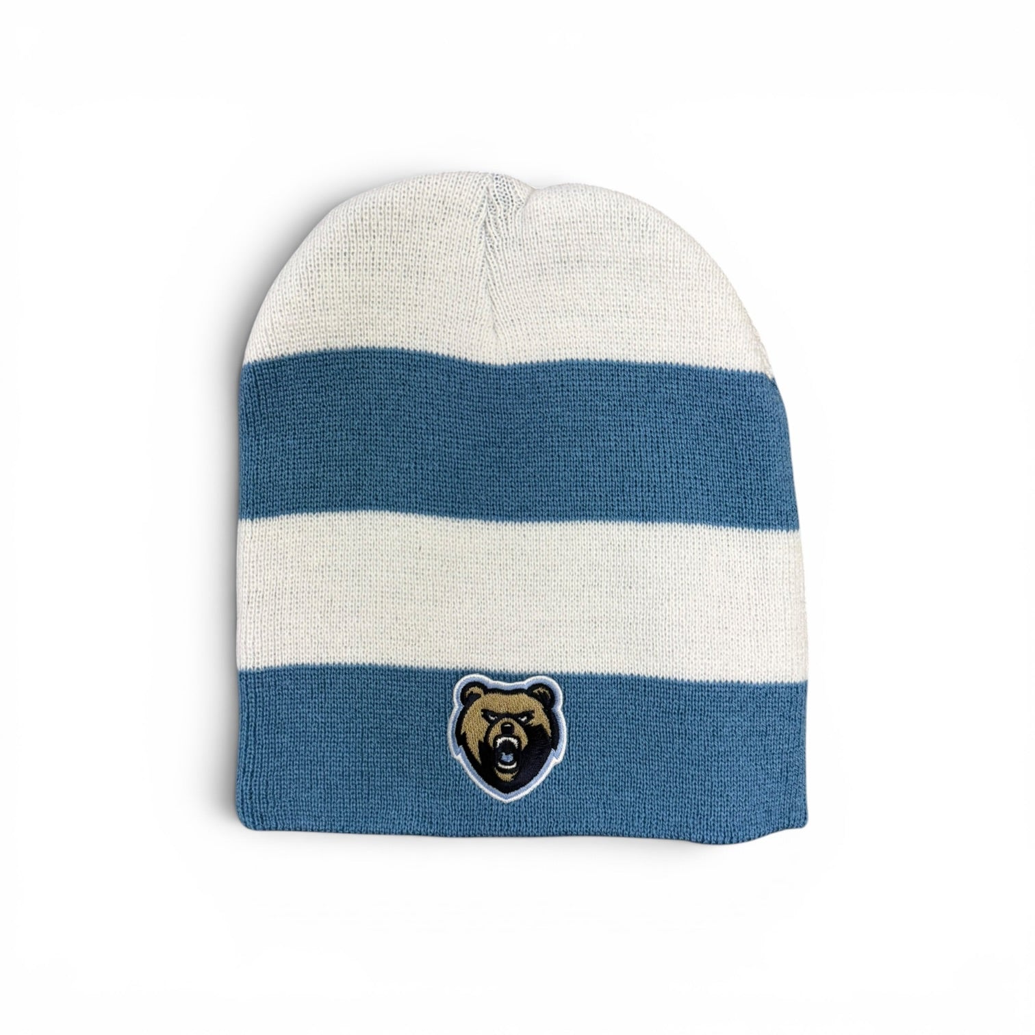 Columbia Lt Blue/White Striped Knit Beanie - Bear Head Patch