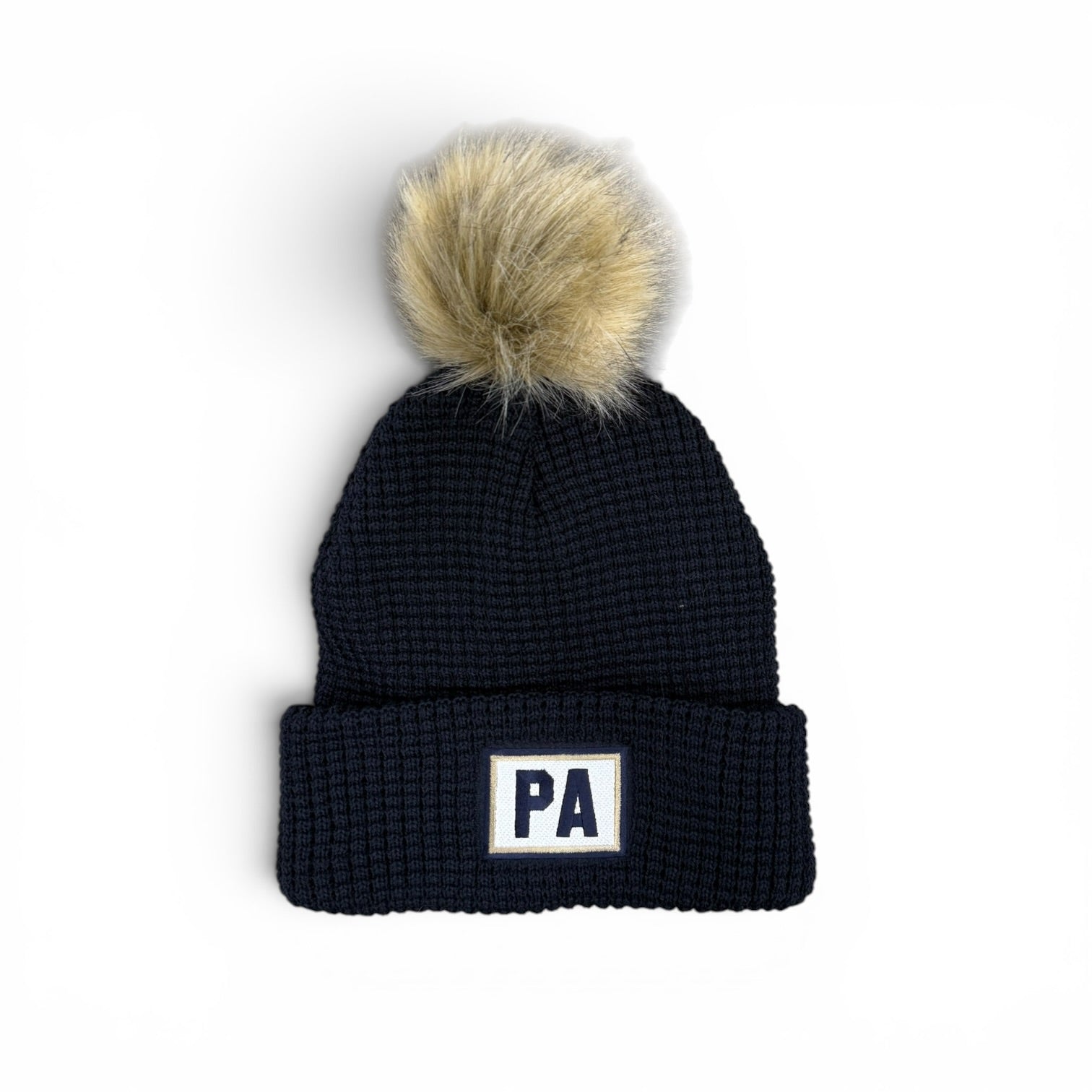 Belgian Knit Cuff Navy Beanie w/ Faux Fur Pom (Fleece Lined) - PA Patch