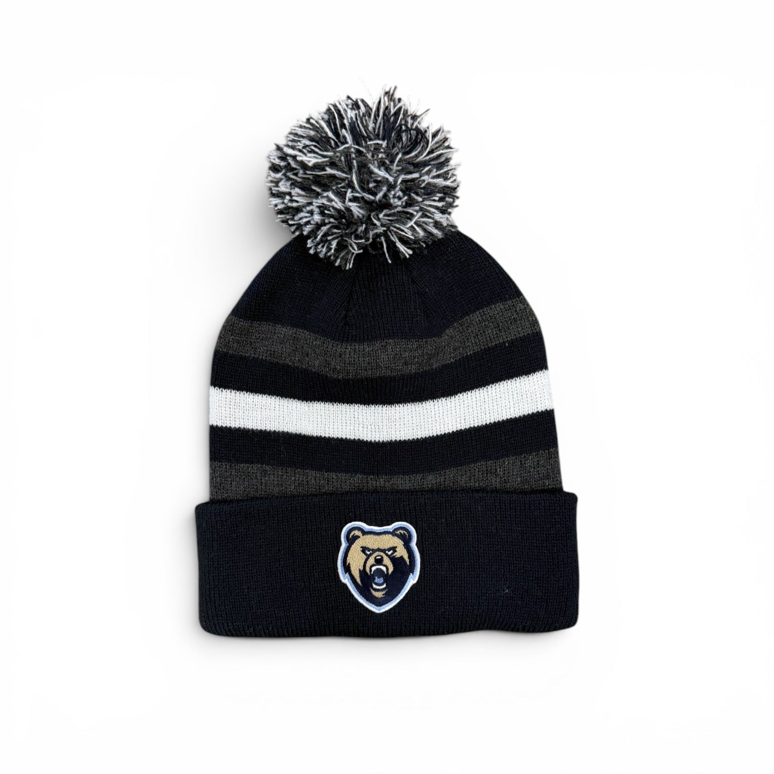 Primetime Navy/Charcoal/White Striped Knit Beanie - Bear Head Patch