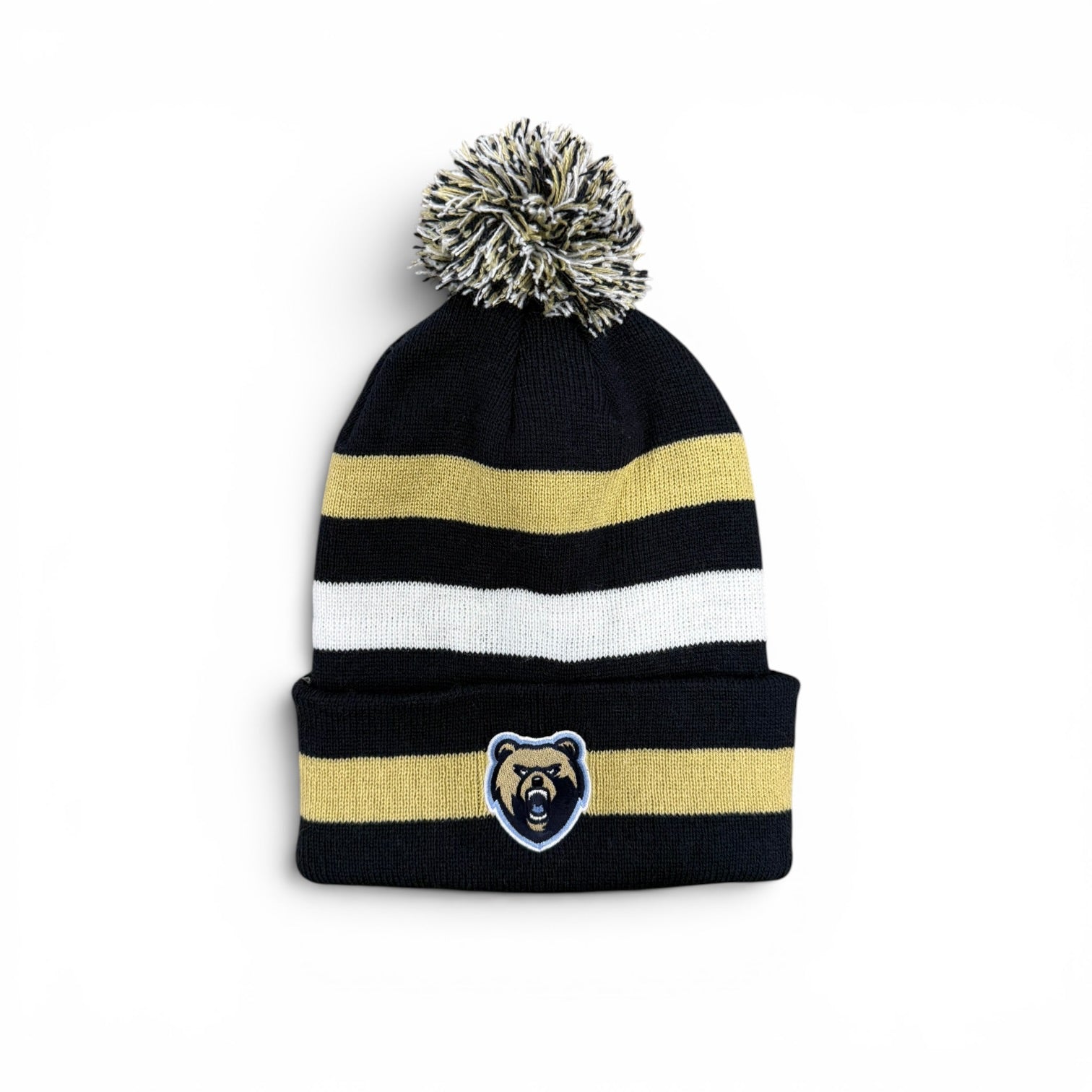 Primetime Navy/Gold/White Striped Knit Beanie - Bear Head Patch