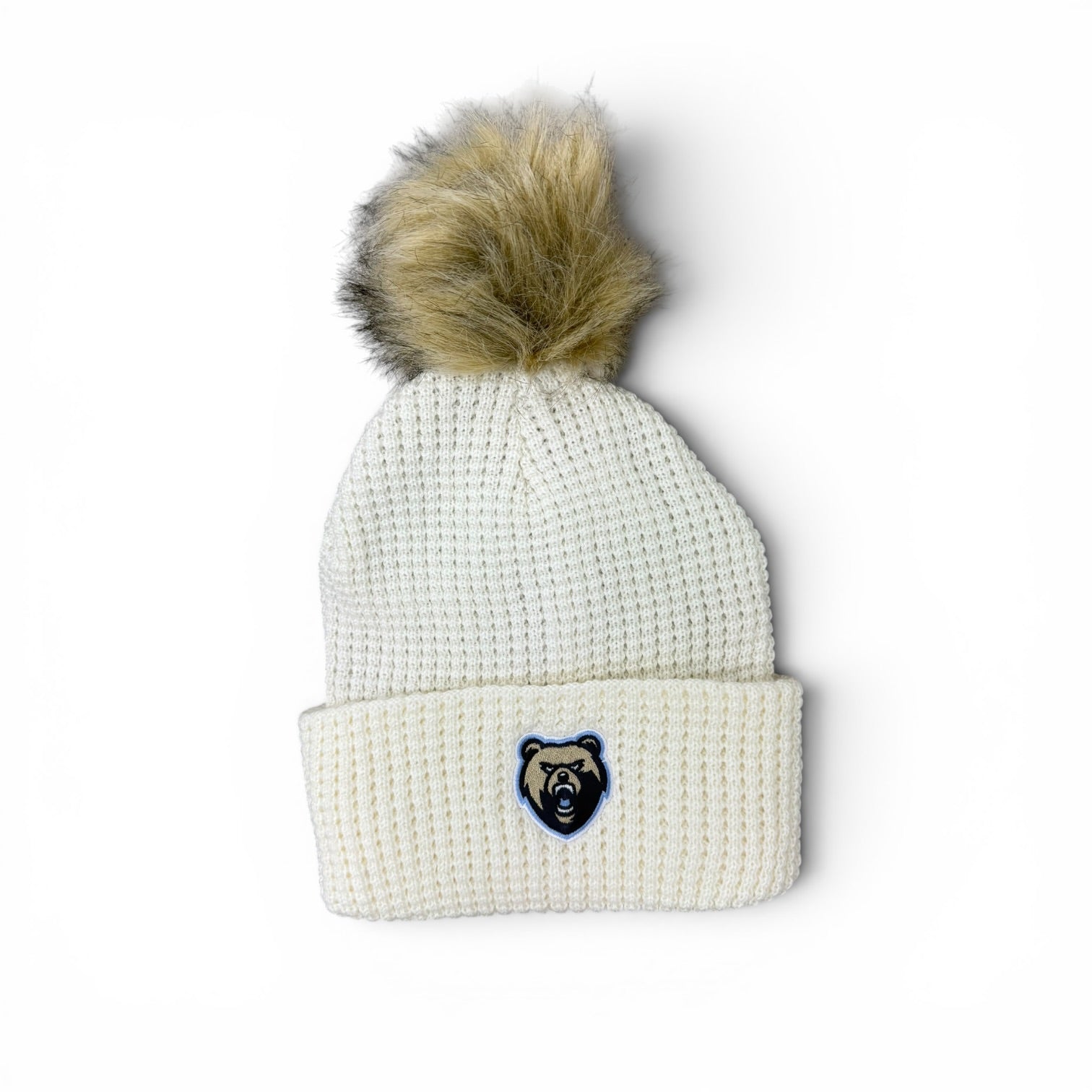 Belgian Knit Cuff Cream Beanie w/ Faux Fur Pom (Fleece Lined) - Bear Head Patch