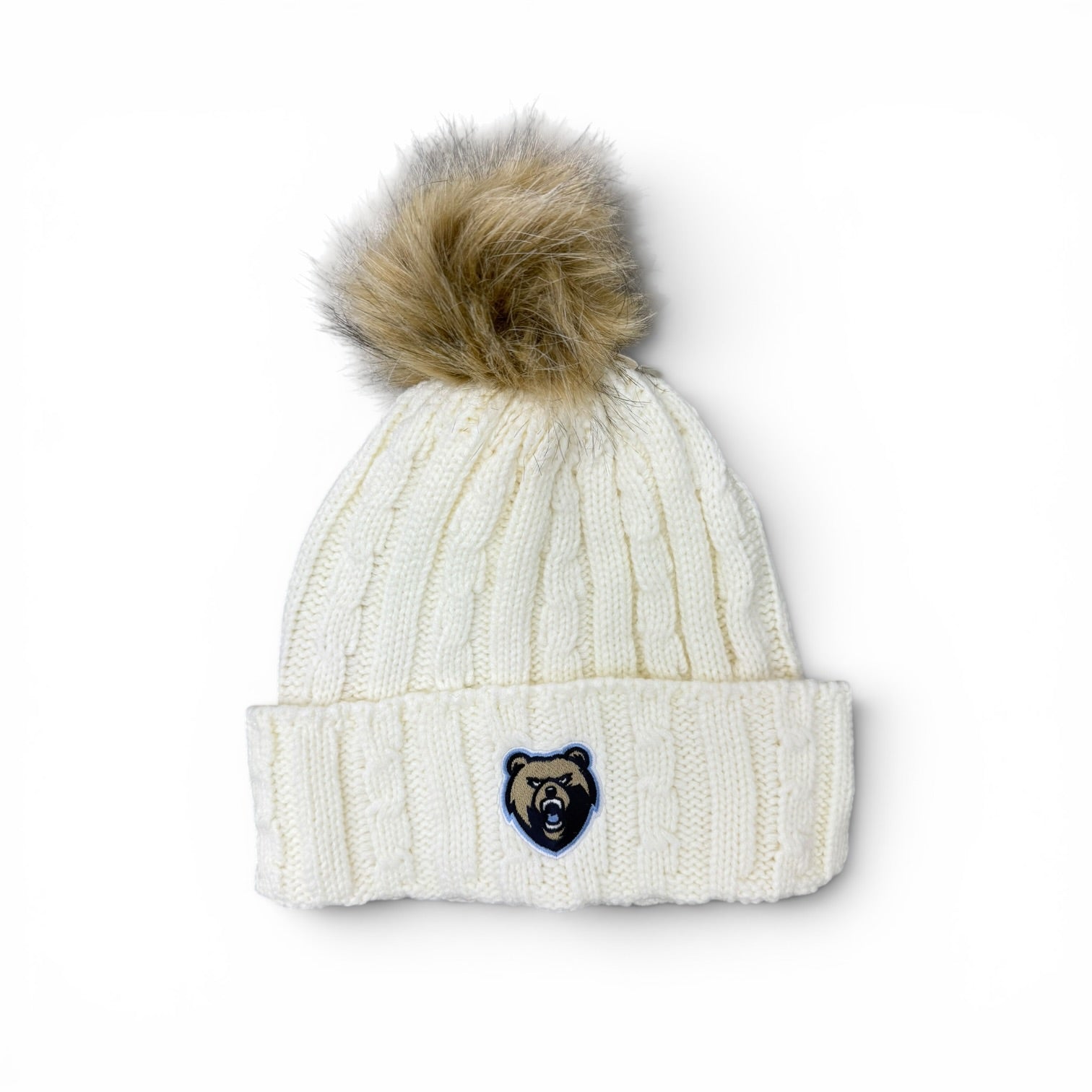 Alps Knit Cuff Cream Beanie w/ Faux Fur Pom - Bear Head Patch