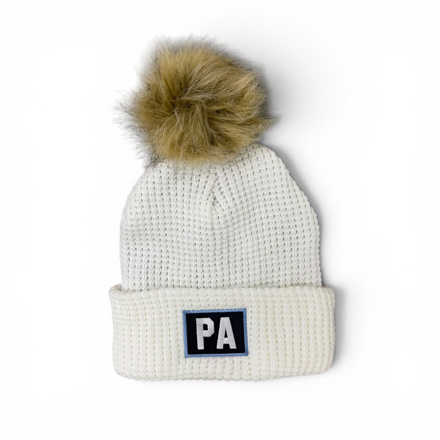 Belgian Knit Cuff White Beanie w/ Faux Fur Pom (Fleece Lined) - PA Patch