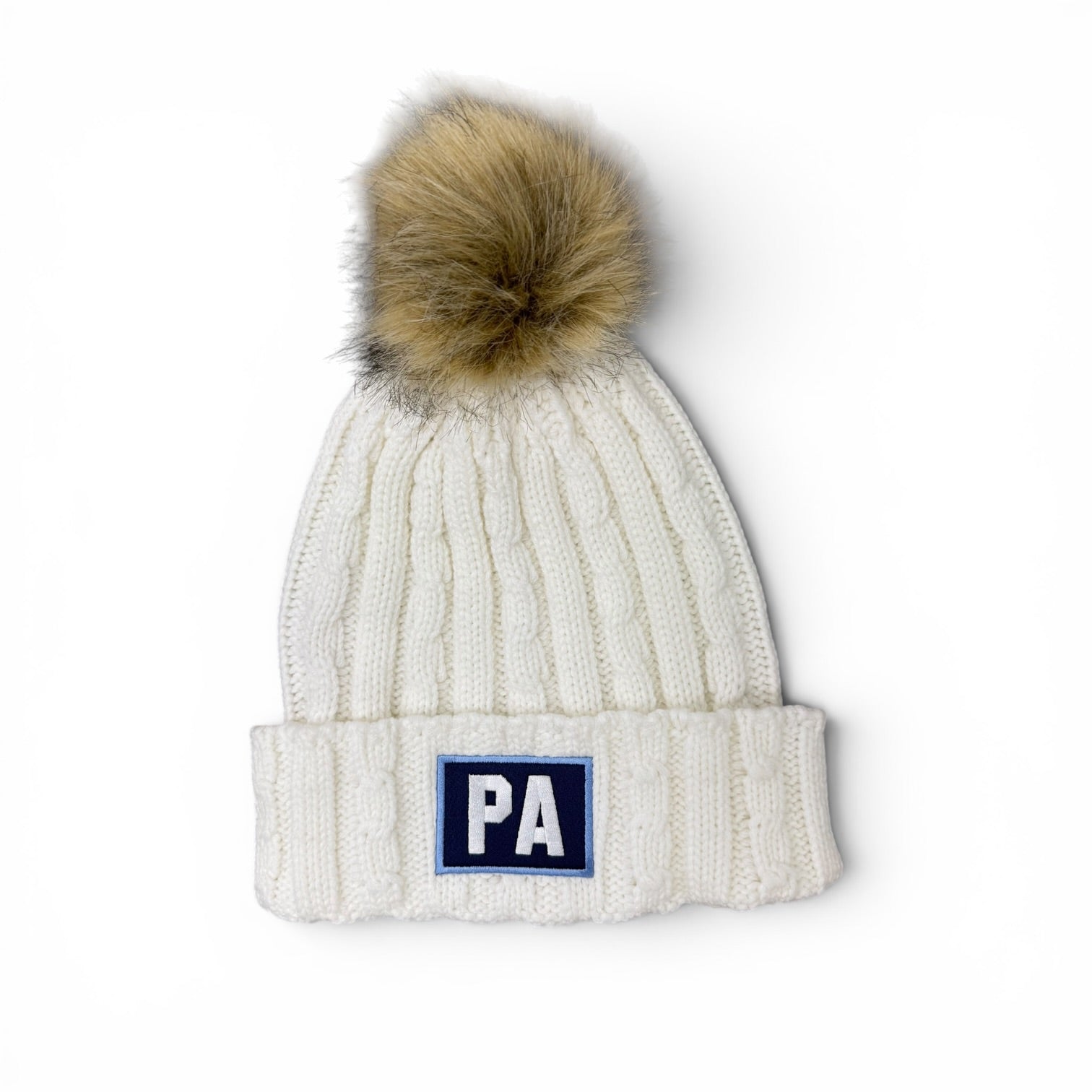 Alps Knit Cuff White Beanie w/ Faux Fur Pom - PA Patch