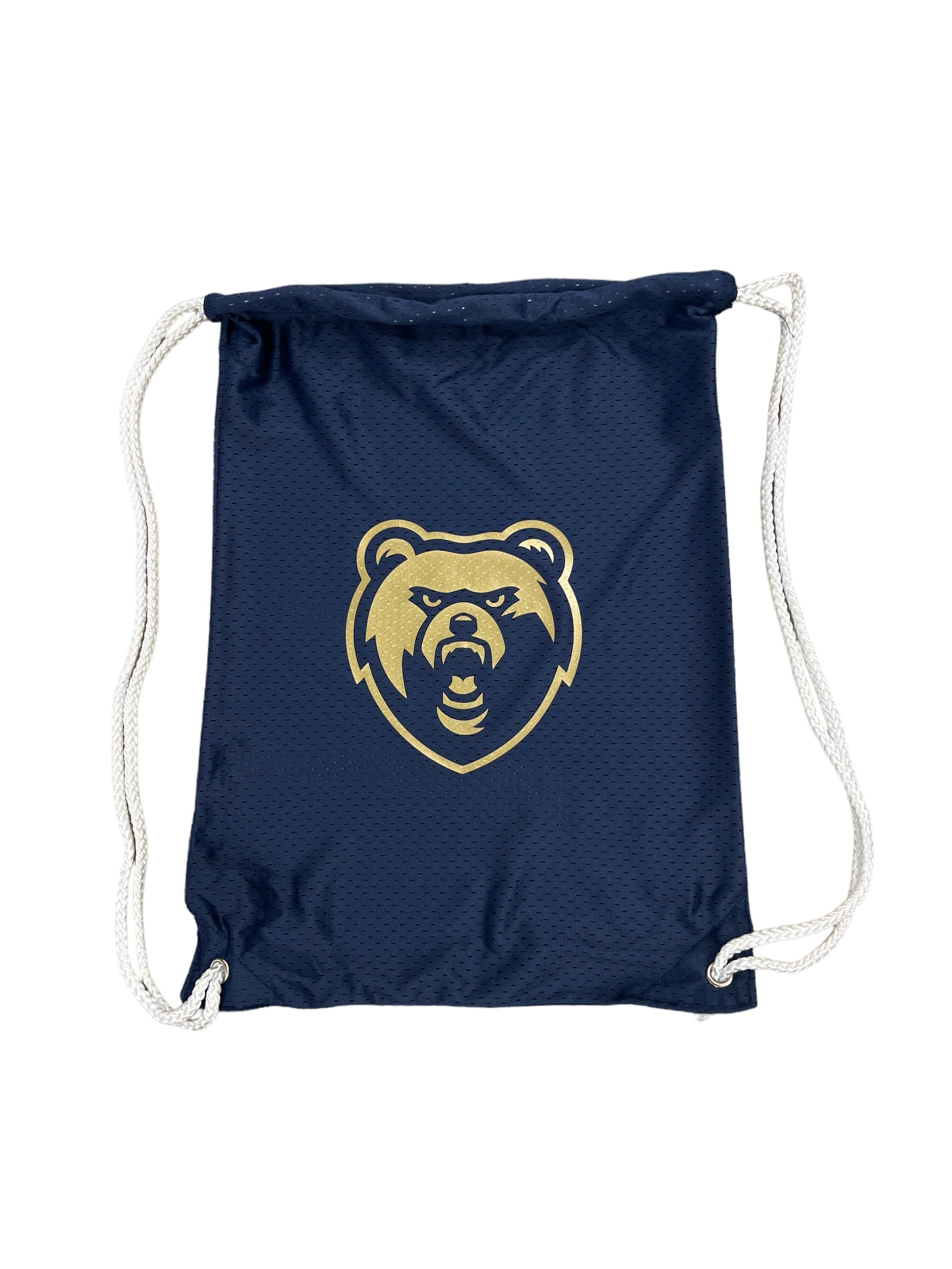 Jersey Mesh Navy Drawstring Backsack - GOLD Bear Head