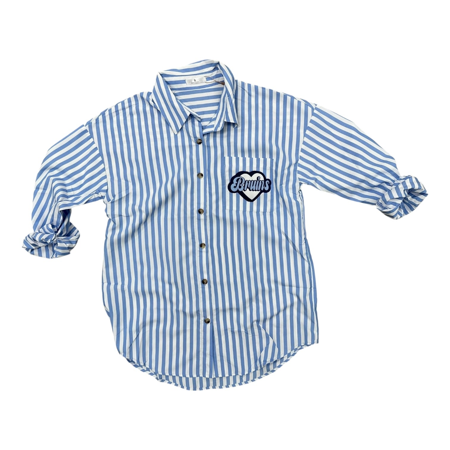 Women's Light Blue/White Striped Button Down - Bruins Heart