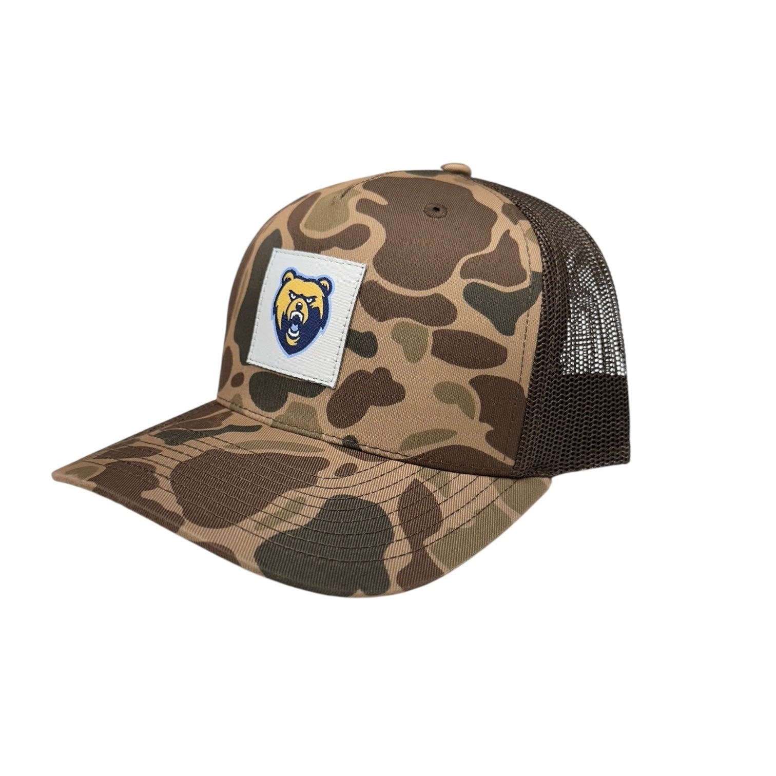 Richardson Bark Duck Brown Camo Five Panel Trucker Hat - Bear Patch