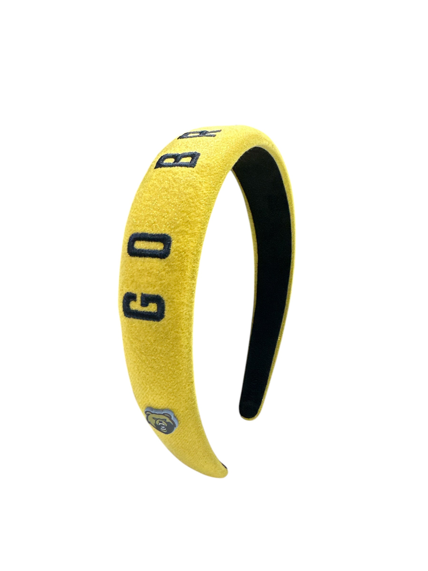Brianna Cannon Embroidered Headband - Gold Shimmer w/ Navy "GO BRUINS GO" & Bear Head Charm