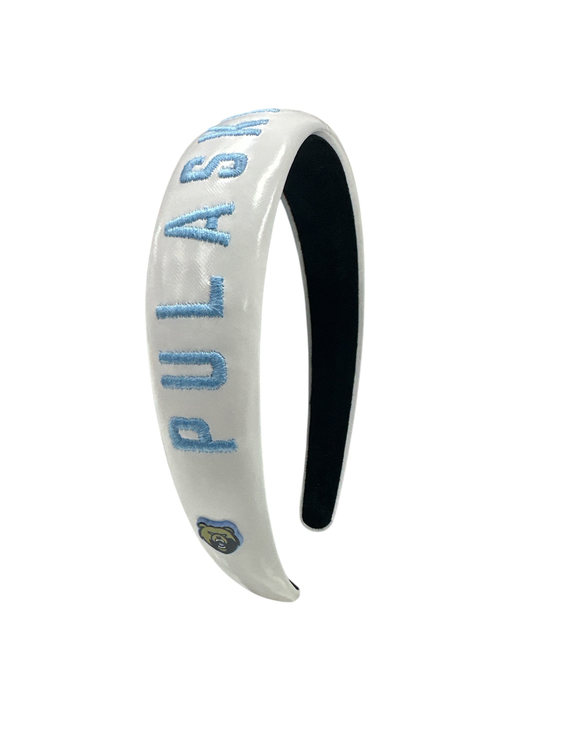 Brianna Cannon Embroidered Headband - White Pleather w/ Light Blue "PULASKI ACADEMY" & Bear Head Charm (Copy)