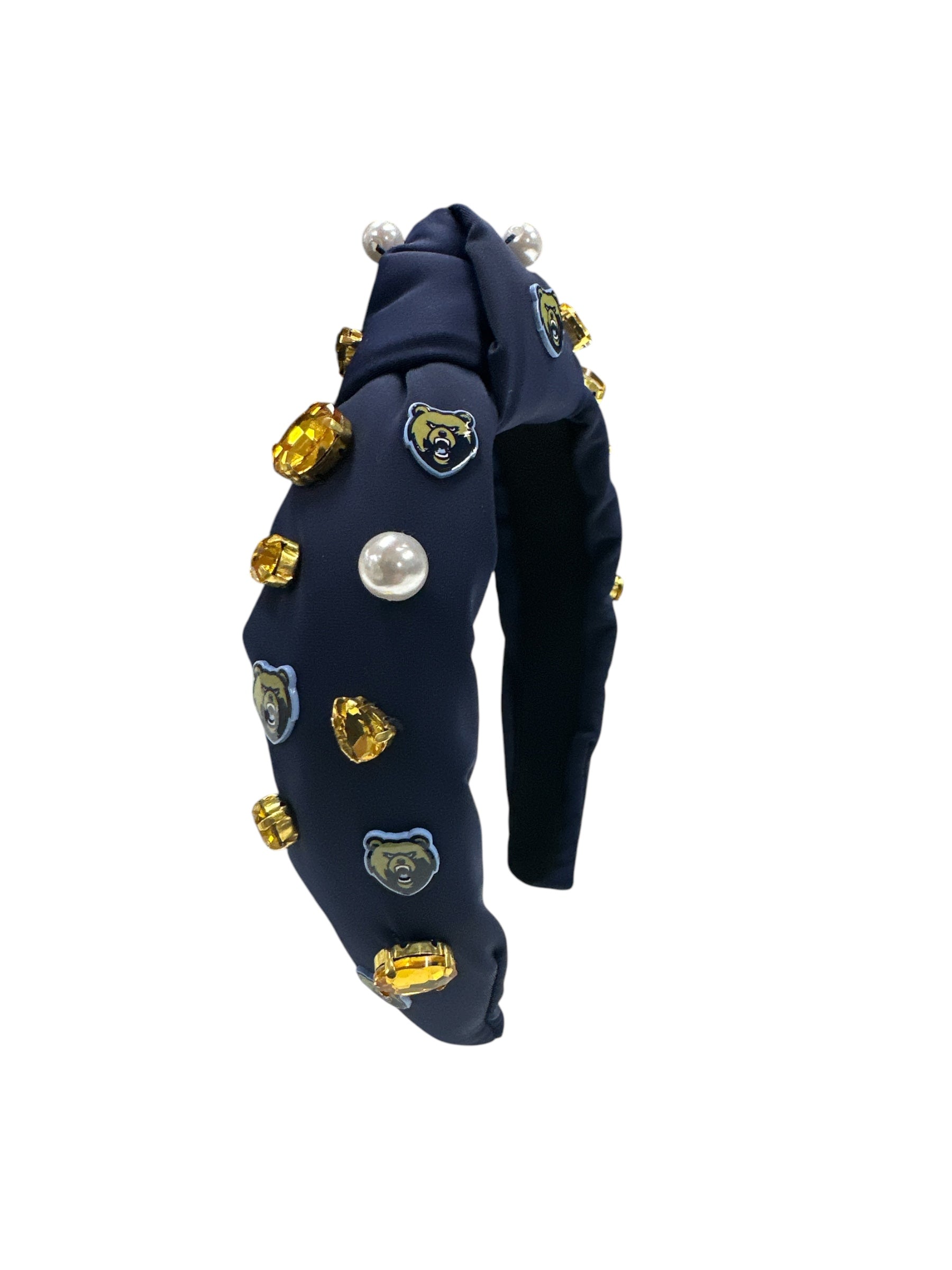 Brianna Cannon Neoprene Knotted Headband - Gold Crystals & Pearls w/ Bear Head Charm