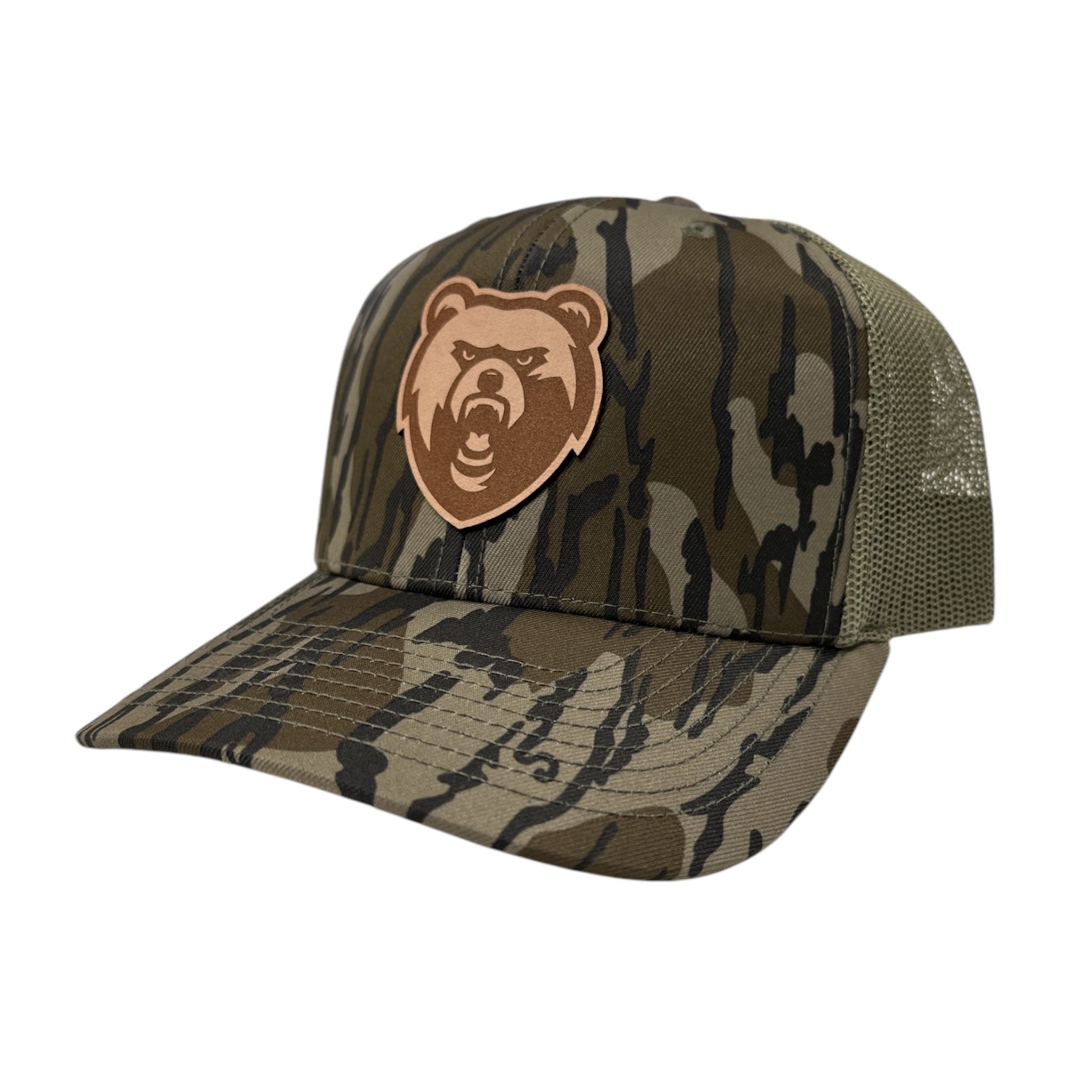 Richardson Mossy Oak Bottomland/Loden Hat - Leather Bear Head