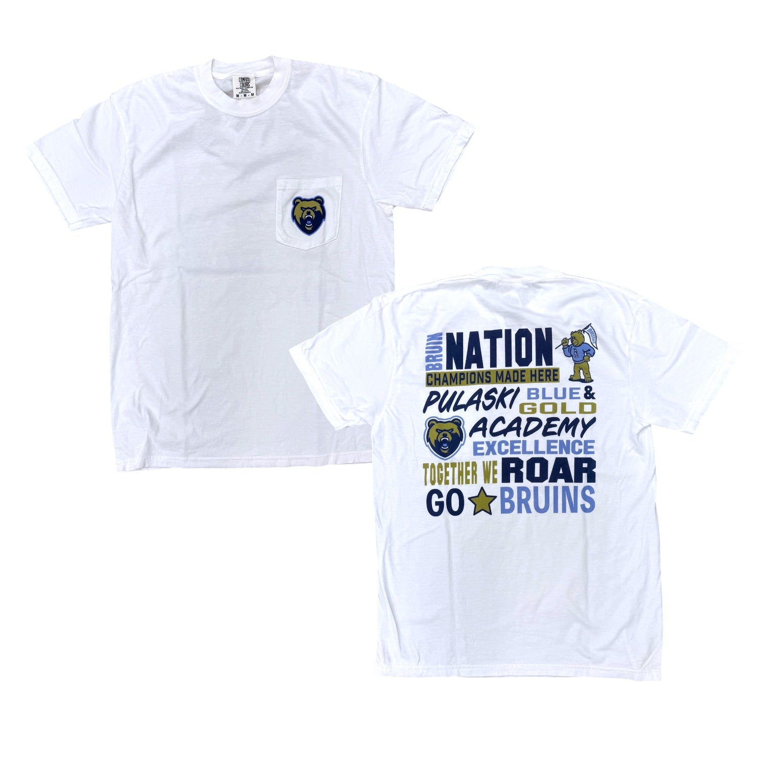 Adult Comfort Colors White Pocket Tee - Bear Head/Collage
