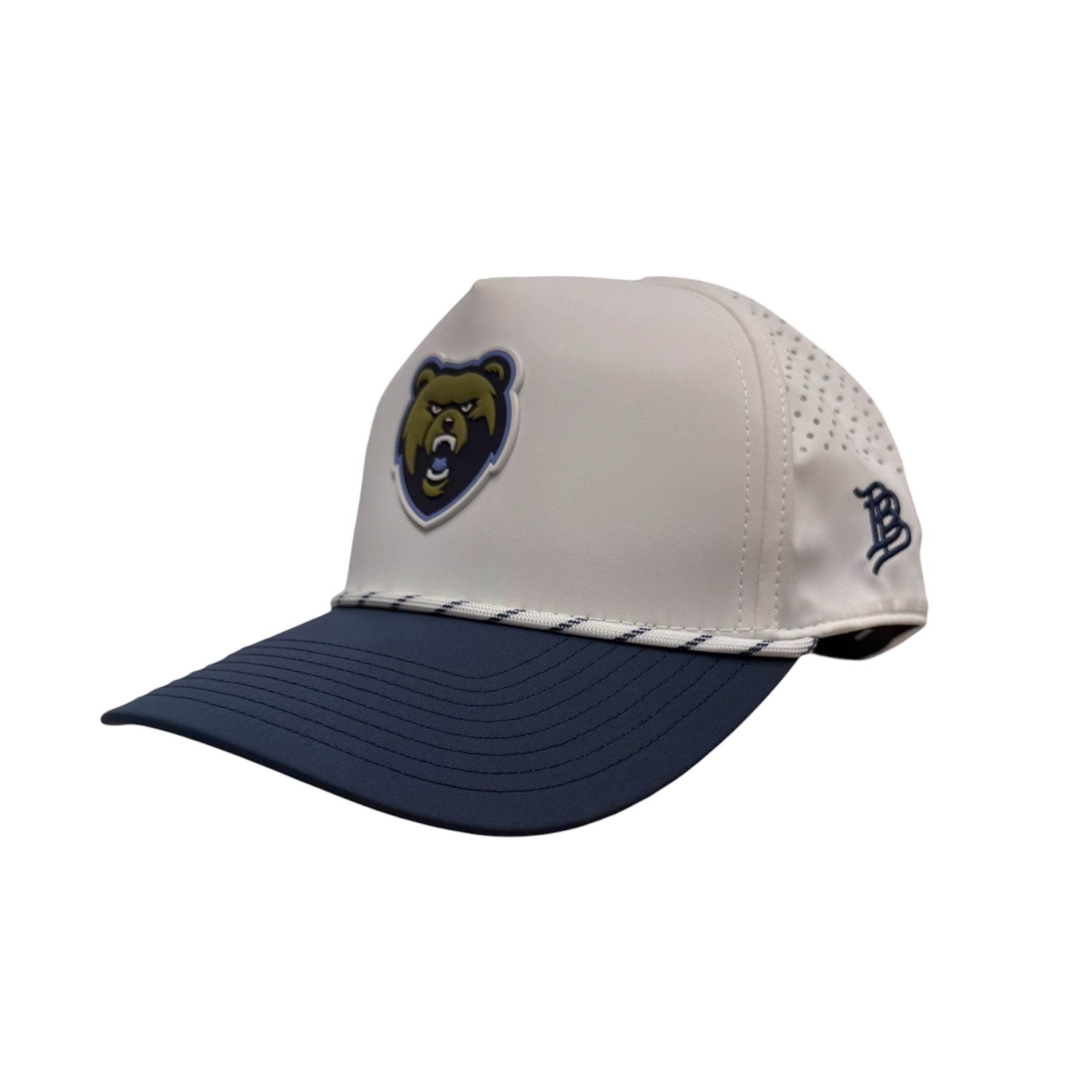 Branded Bills White Perforated Performance Hat w/ White/Navy Rope & Navy Bill - PVC Bear Head