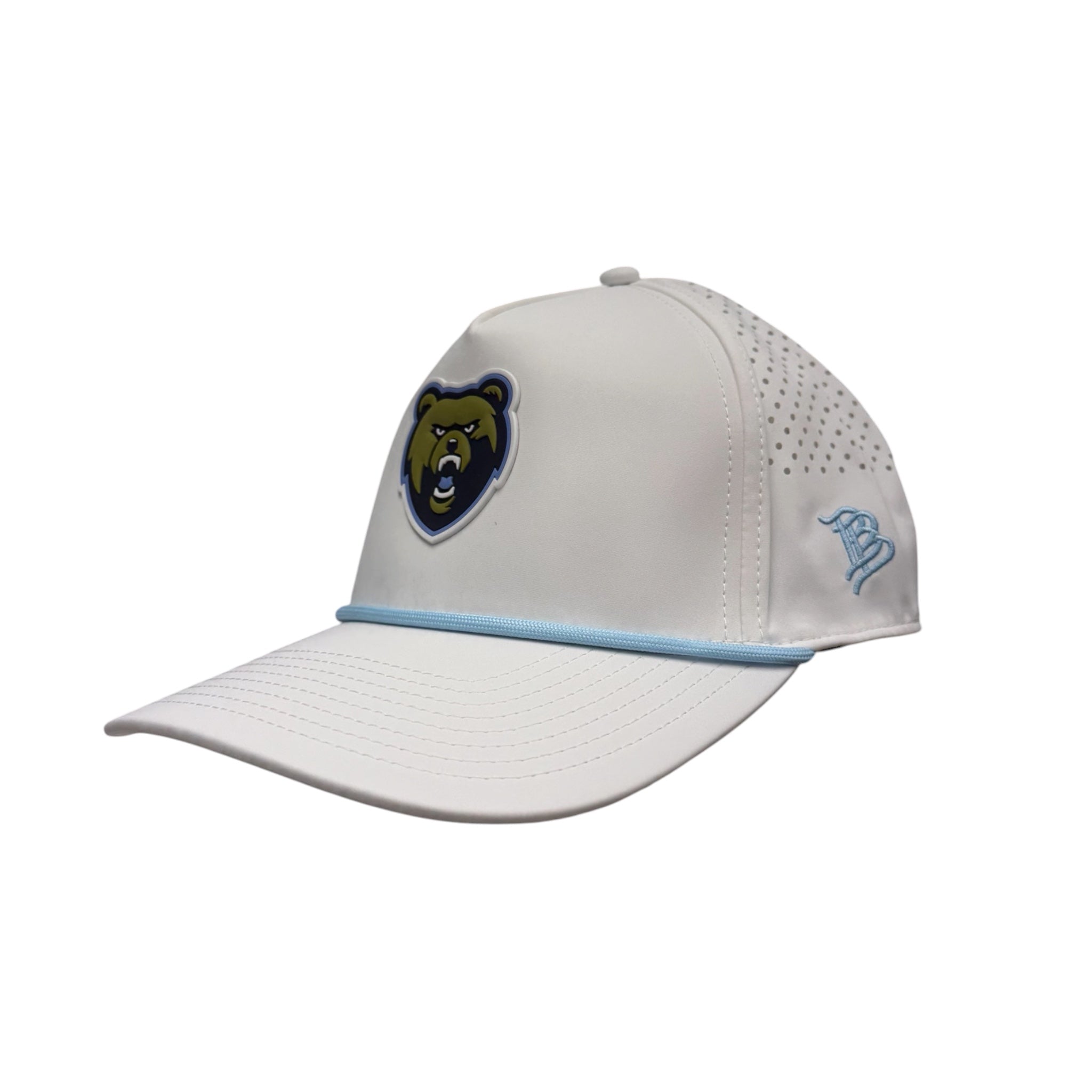 Branded Bills White Perforated Performance Hat w/ Light Blue Rope- PVC Bear Head