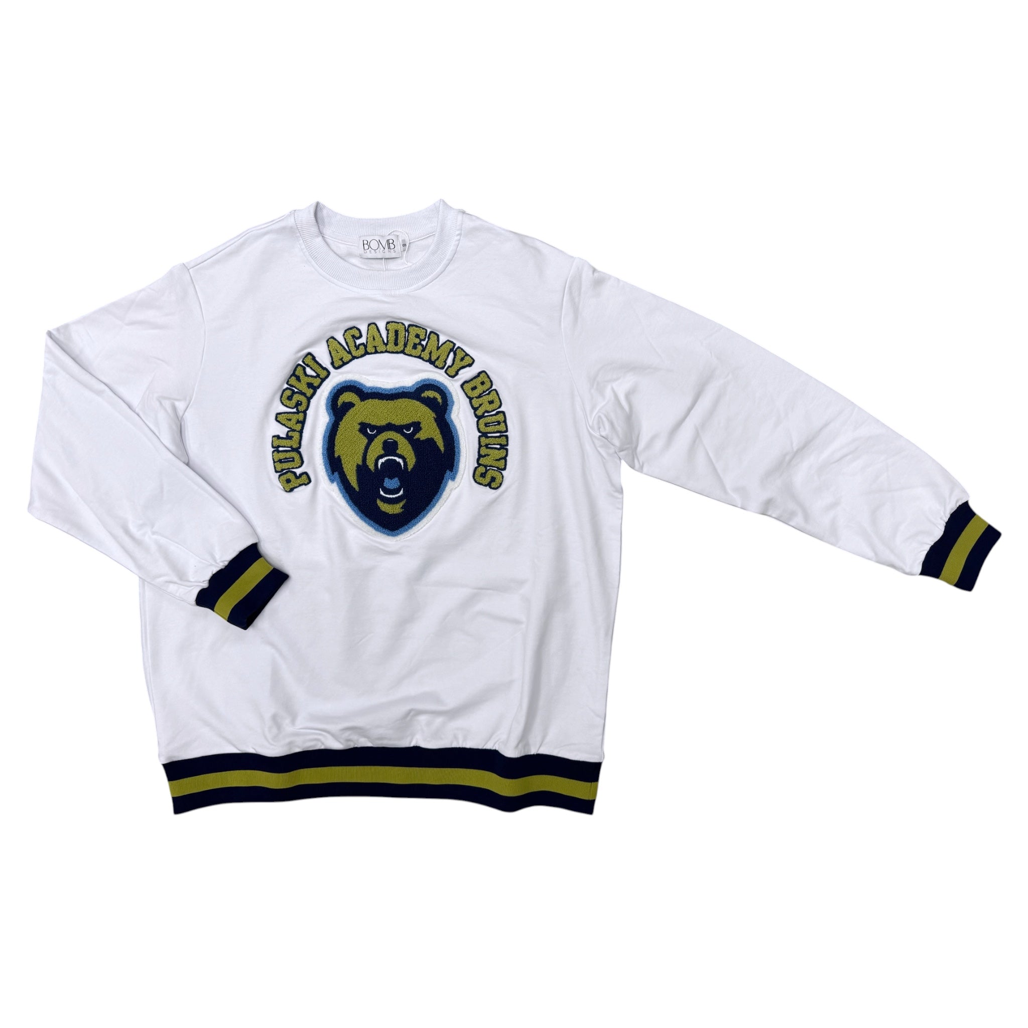 Women's White Crew w/ Chenille Applique - Pulaski Academy Bruins
