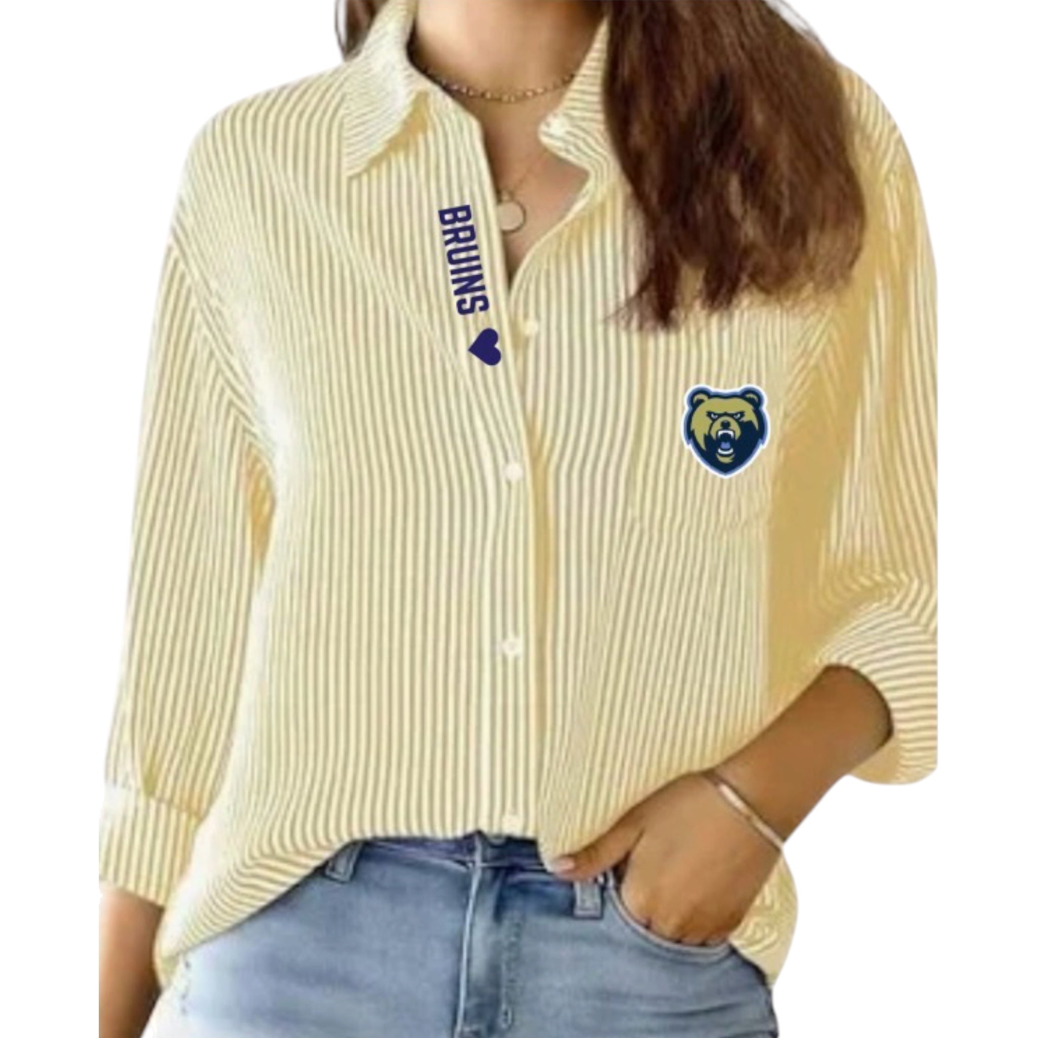 Women's Gold Striped Button Up - Embroidered BRUINS & Bear Head
