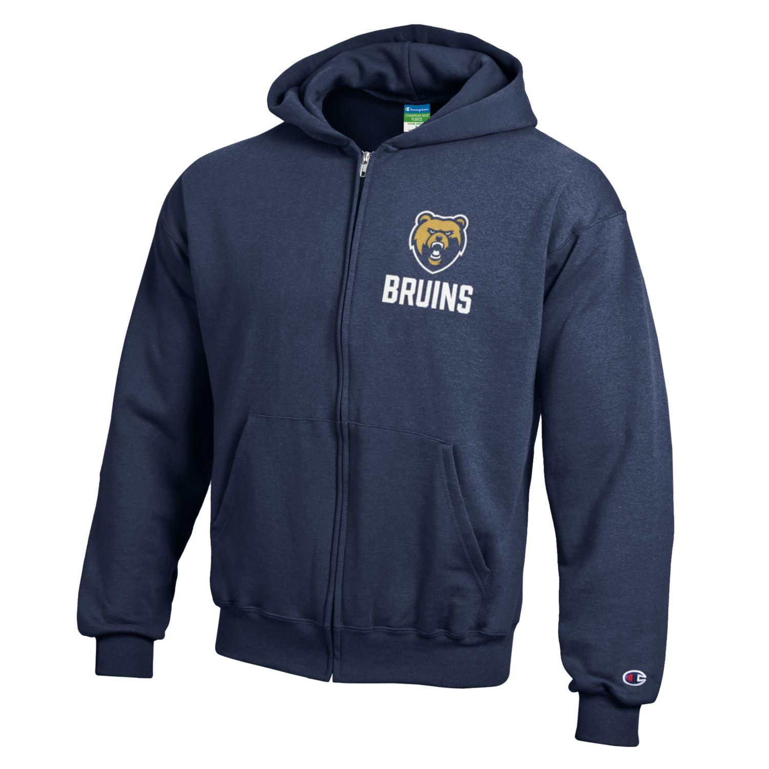 Youth Heather Navy Powerblend Full Zip Hood - Bear Head/BRUINS