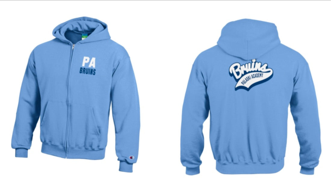 Girls' Champion Powerblend Full Zip Hood - Lt Blue - LC Circle/BACK Bruins