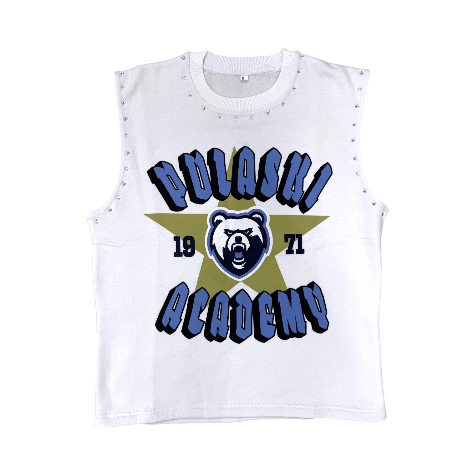 Women's Rhinstone White Sweatshirt Tank - Star/Bear Head