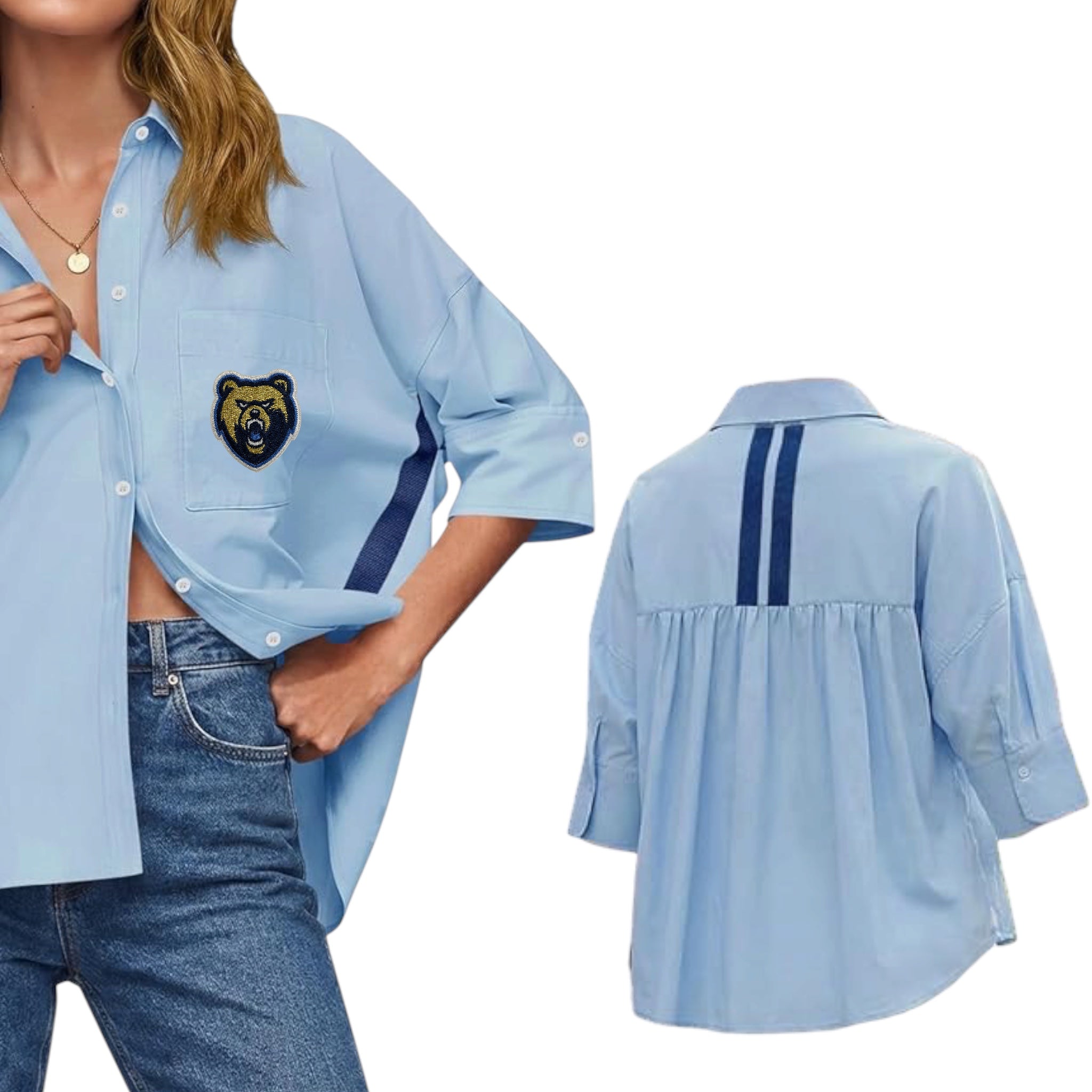 Women's Oversized Button Down Light Blue Top w/ Ribbon Detail - Embroidered Bear Head