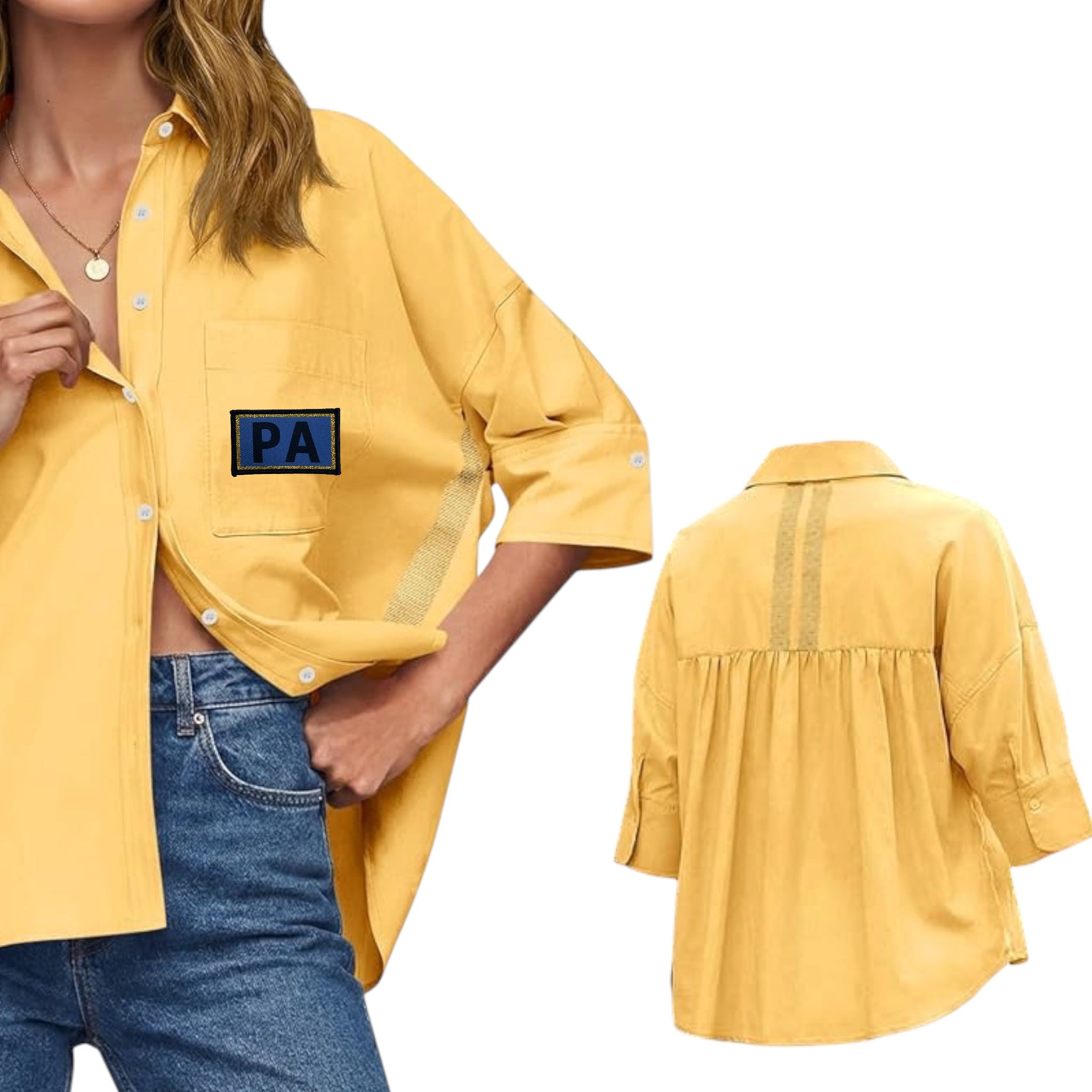 Women's Oversized Button Down Gold Top w/ Ribbon Detail - Embroidered PA Patch