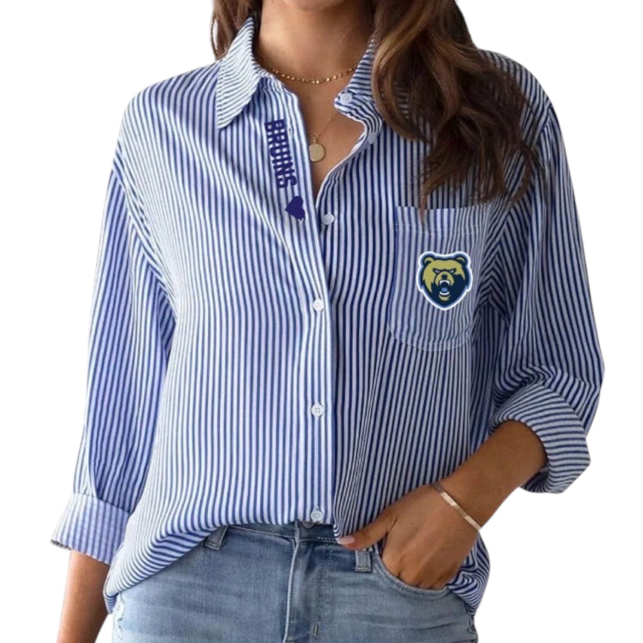 Women's Navy Striped Button Up - Embroidered BRUINS & Bear Head